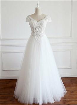 Picture of White Color Lace Cap Sleeves Tulle Floor Length Party Dresses, A-line White Color Wedding Dress